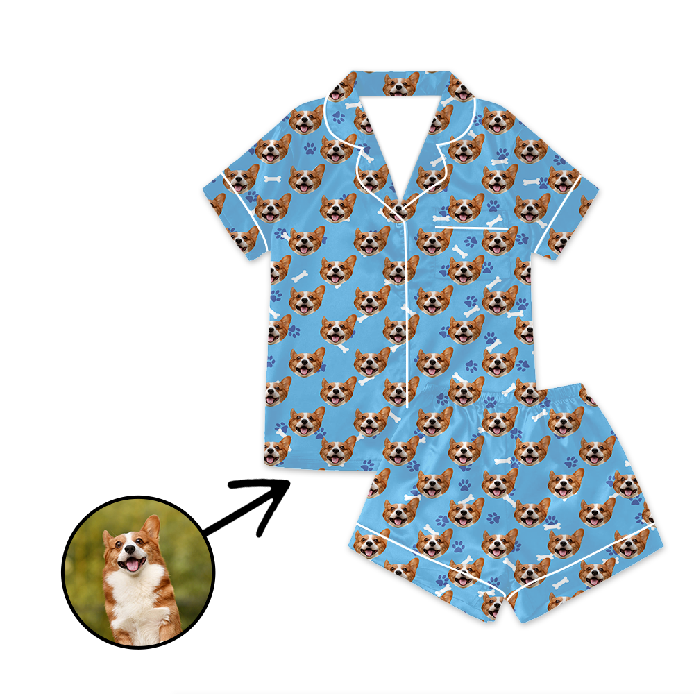 Kundenspezifischer Foto Satin Pyjama Hundeabdruck Blau für Sommer