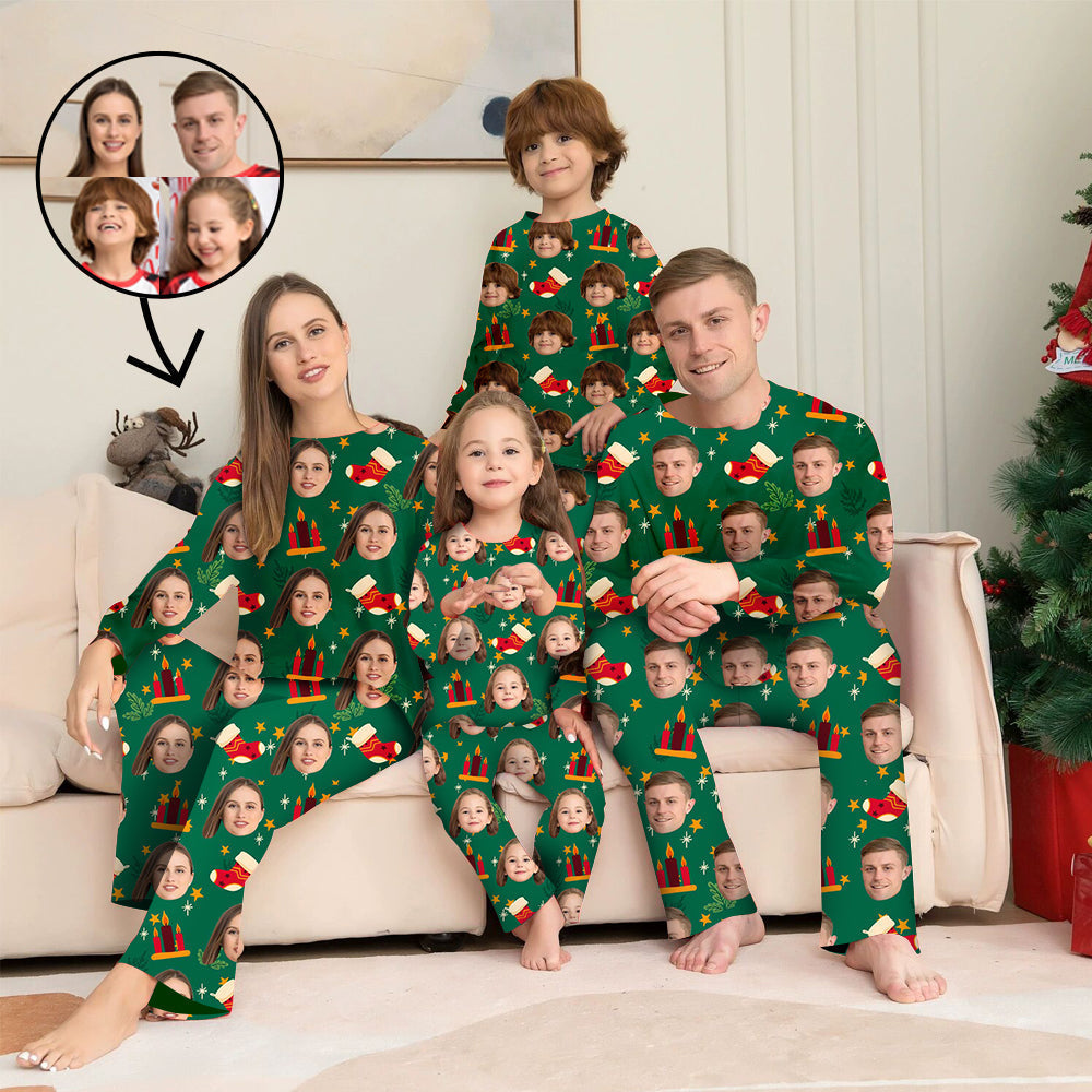 Benutzerdefinierte Foto-Pyjamas Familie passendes Set Weihnachten passende Nachtwäsche Personalisierte Pyjamas Weihnachtskerze