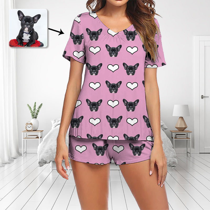 Benutzerdefinierte Foto Pyjama Set Kurzarm V-Ausschnitt Pyjama Damen Shorts Pyjama Set Nachtwäsche Nachtwäsche Frohe Feiertage