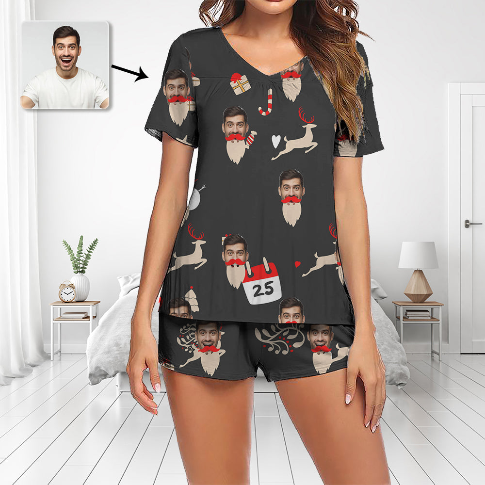 Benutzerdefinierte Foto Pyjamas Set Kurzarm V-Ausschnitt Pyjama Damen Shorts Pyjama Set Nachtwäsche Nachtwäsche Rentier und Süßigkeiten