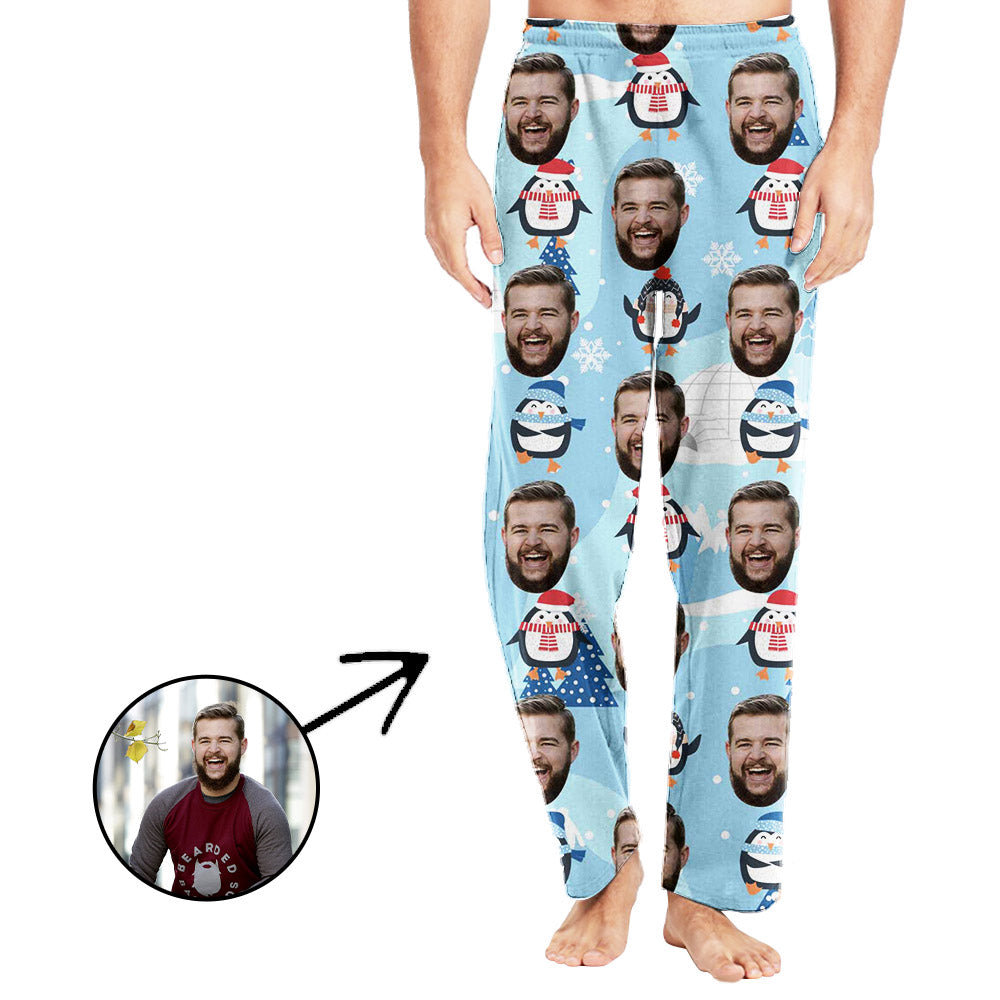 Personalisiert Foto Pyjamas Hose für Männer Pinguin und Schneeflocke