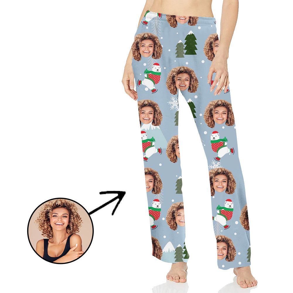 Personalisiert Foto Pyjamas Hose für Frauen Weihnachtsbaum und Bär