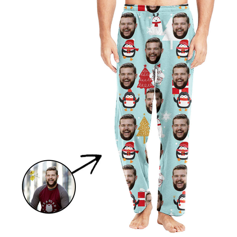 Personalisiert Foto Pyjamas Hose für Männer Pinguin und Weihnachtsbaum