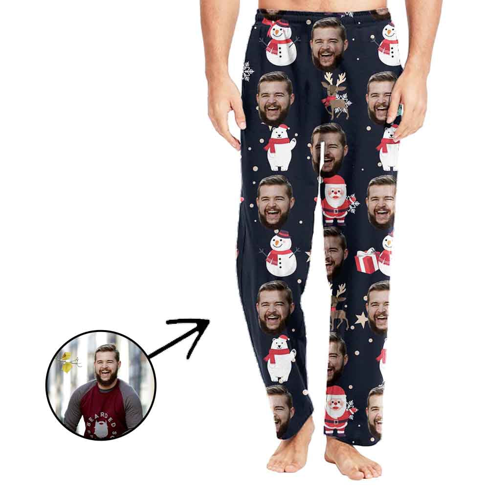 Personalisiert Foto Pyjamas Hose für Männer Weihnachtsmann und Schneemann