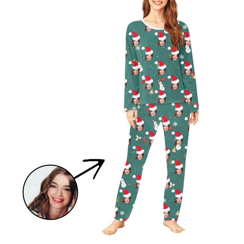 Personalisiert Foto-Pyjama für Damen Weihnachtshut und Schneemann Langarm