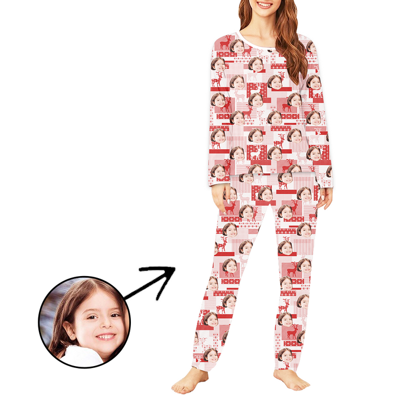 Personalisiert Foto-Pyjama für Damen Rentier Weihnachten Langarm