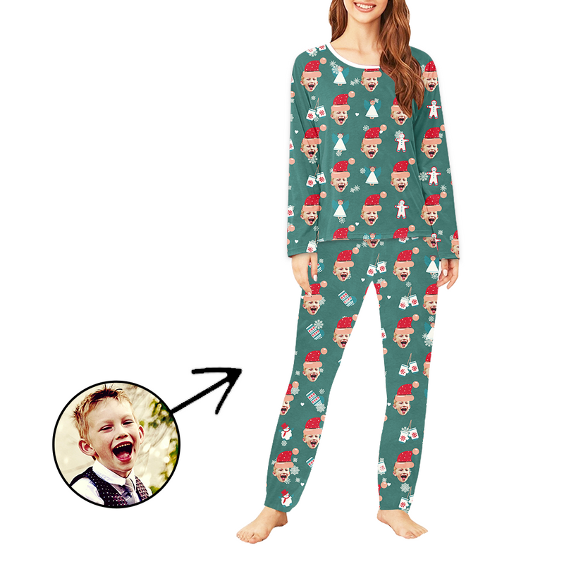 Personalisiert Foto-Pyjama für Damen Weihnachtshut und Schneeflocke Langarm