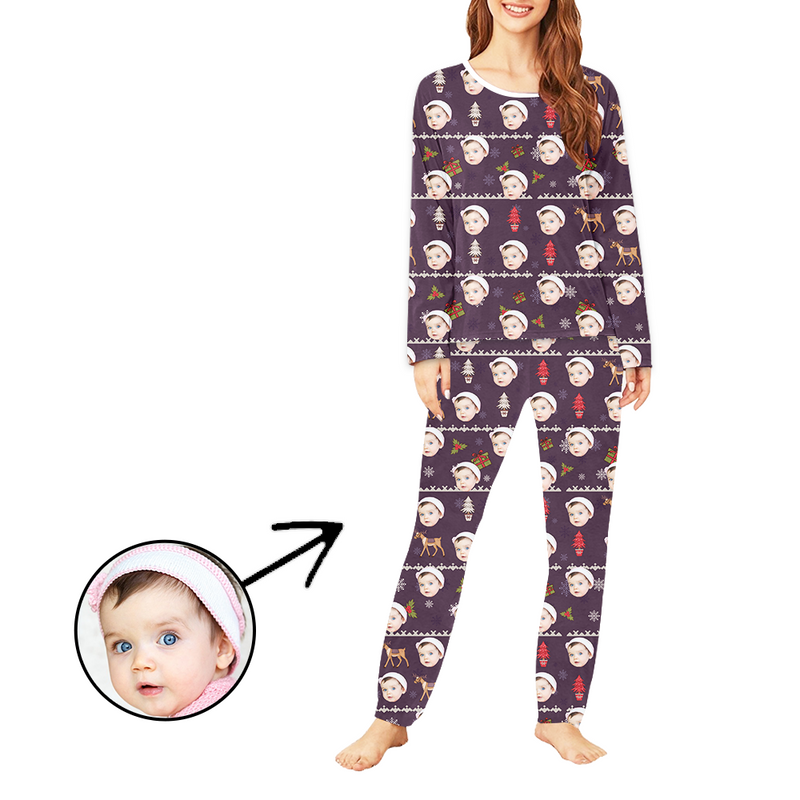 Personalisiert Foto-Pyjama für Damen Weihnachtsrentier und Baum Langarm