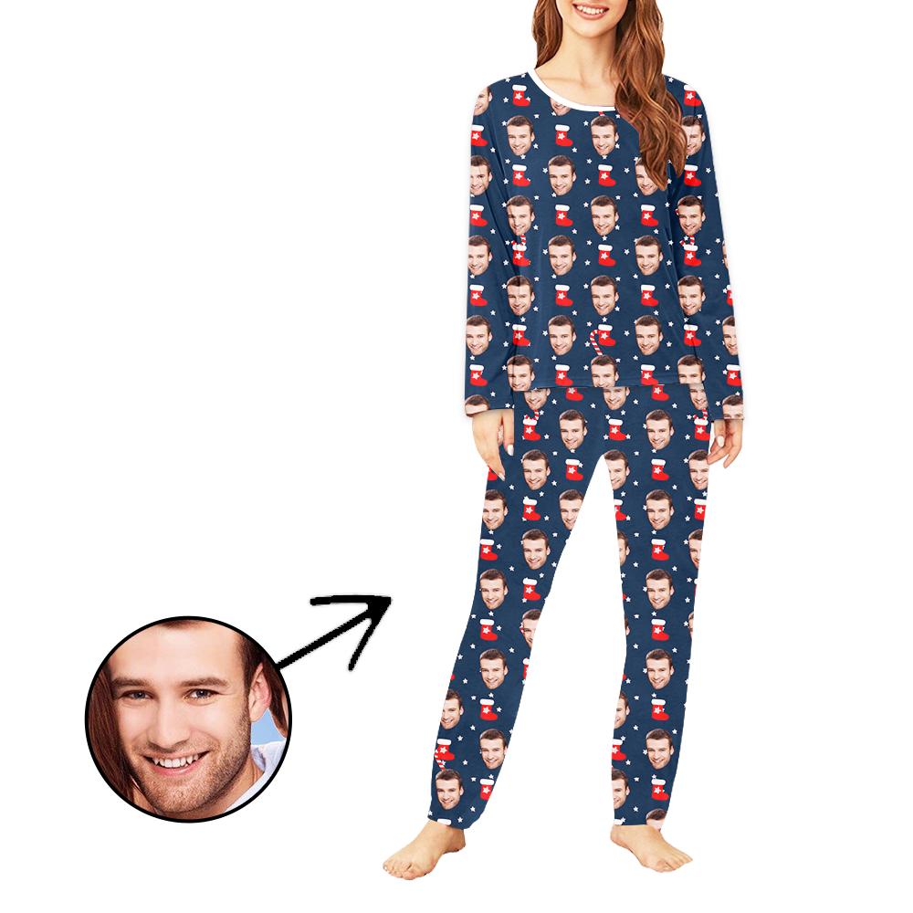 Personalisiert Foto-Pyjama für Damen Weihnachtssocken und Stars Langarm