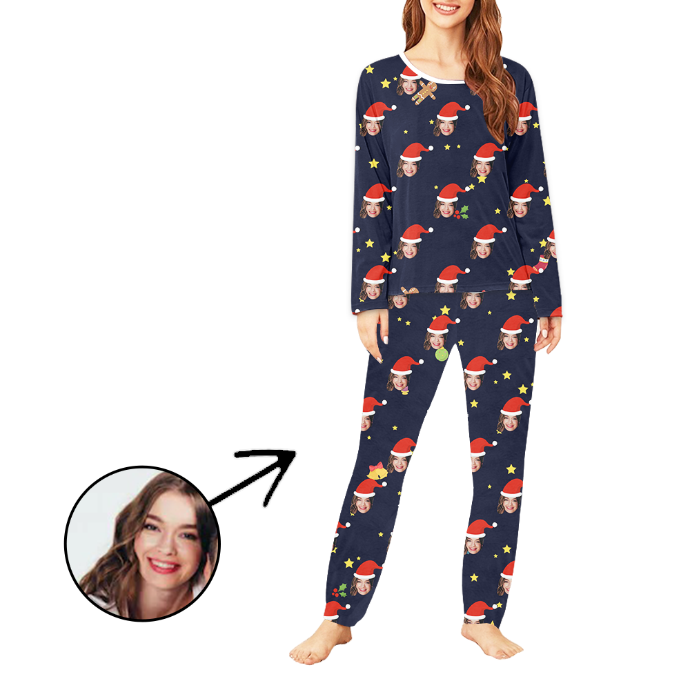 Personalisiert Foto-Pyjama für Damen Weihnachtshut und Stars Langarm