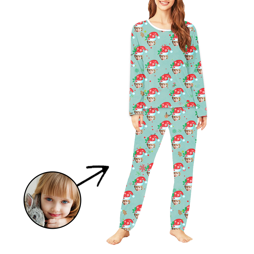 Personalisiert Foto-Pyjama für Damen Weihnachtshut und Lebkuchen Mann Langarm