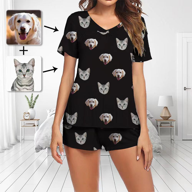 Benutzerdefinierte Foto Pyjamas Set Kurzarm V-Ausschnitt Pyjama Damen Shorts Pyjama Set Nachtwäsche Nachtwäsche mit Hund Ganzkörper