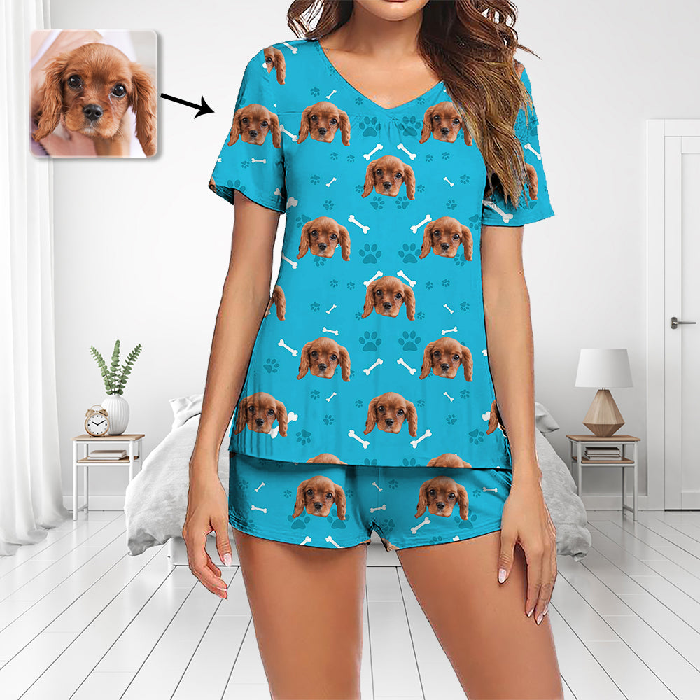 Benutzerdefinierte Foto Pyjama Set Kurzarm V-Ausschnitt Pyjama Damen Shorts Pyjama Set Nachtwäsche Nachtwäsche Schöner Hundefußabdruck