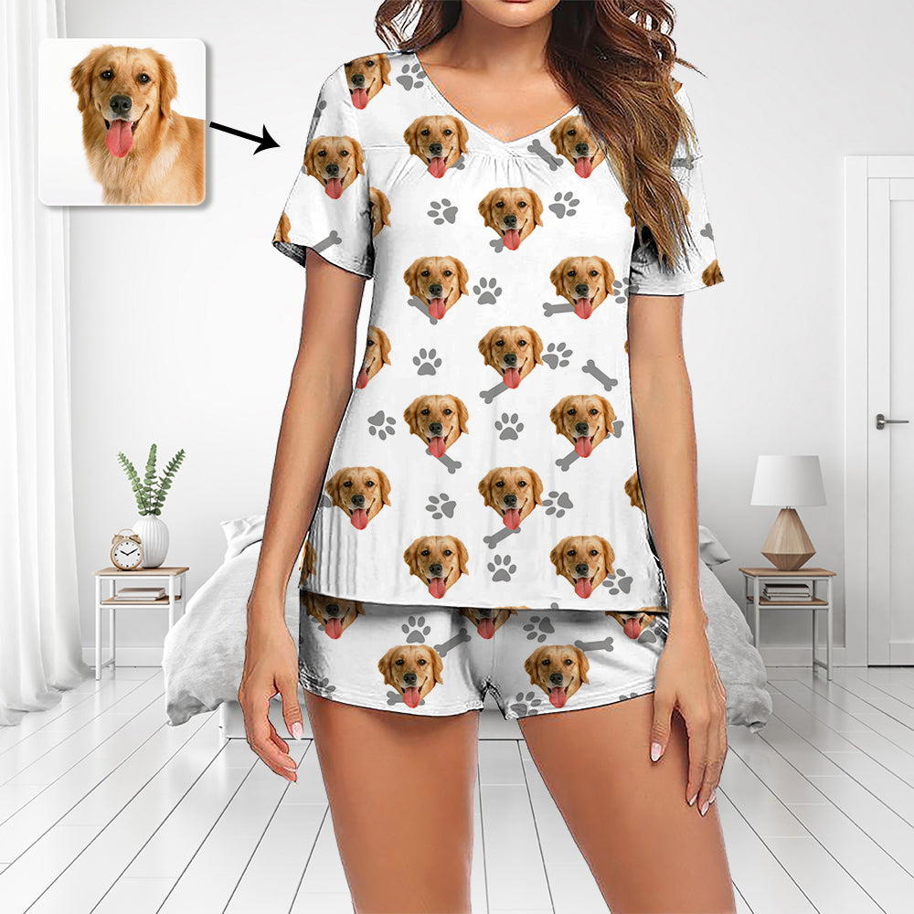 Benutzerdefinierte Foto Pyjamas Set Kurzarm V-Ausschnitt Pyjama Damen Shorts Pyjama Set Nachtwäsche Nachtwäsche Setzen Sie das Gesicht des Hundes auf Pyjamas