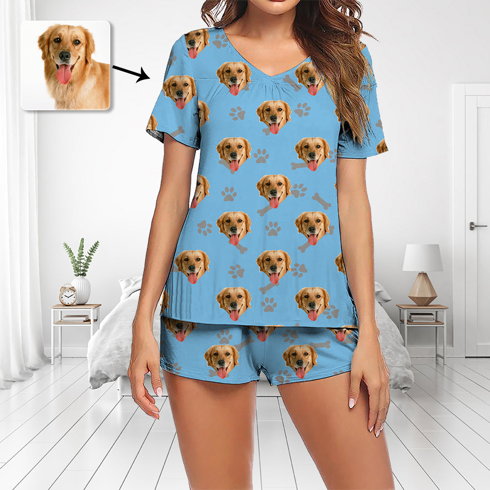 Benutzerdefinierte Foto Pyjamas Set Kurzarm V-Ausschnitt Pyjama Damen Shorts Pyjama Set Nachtwäsche Nachtwäsche Setzen Sie das Gesicht des Hundes auf Pyjamas