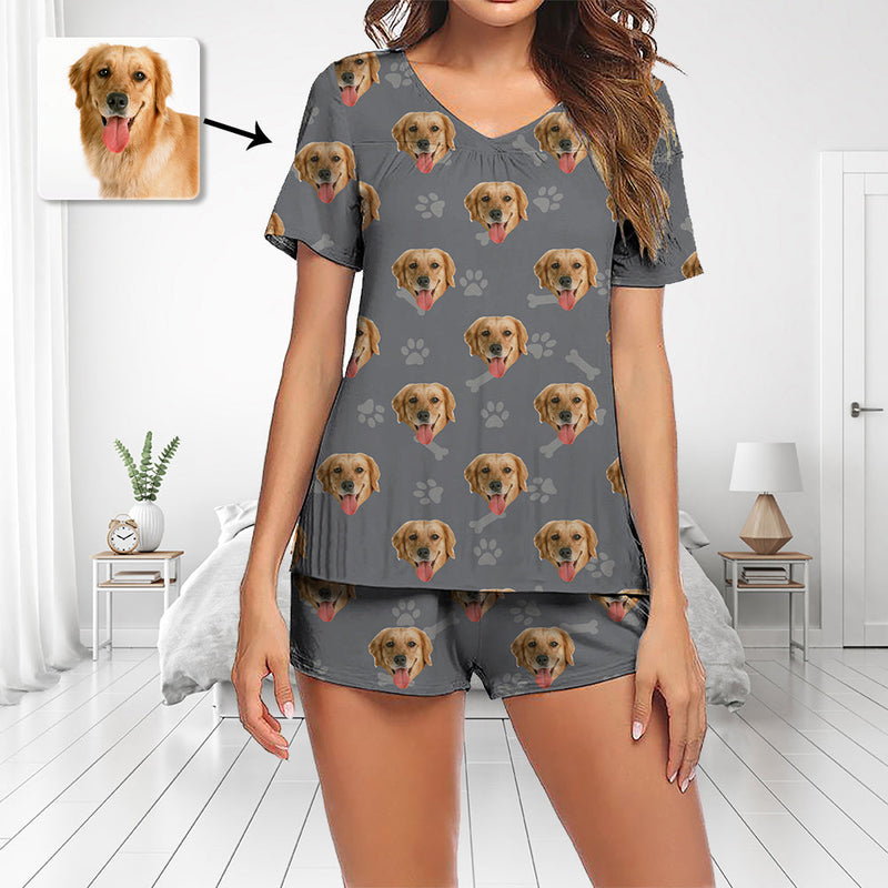 Benutzerdefiniertes Foto-Pyjama-Set kurzärmlig V-Ausschnitt Pyjama Damen-Shorts Pyjama-Set Nachtwäsche Nachtwäsche „Ich liebe meinen Hund“.