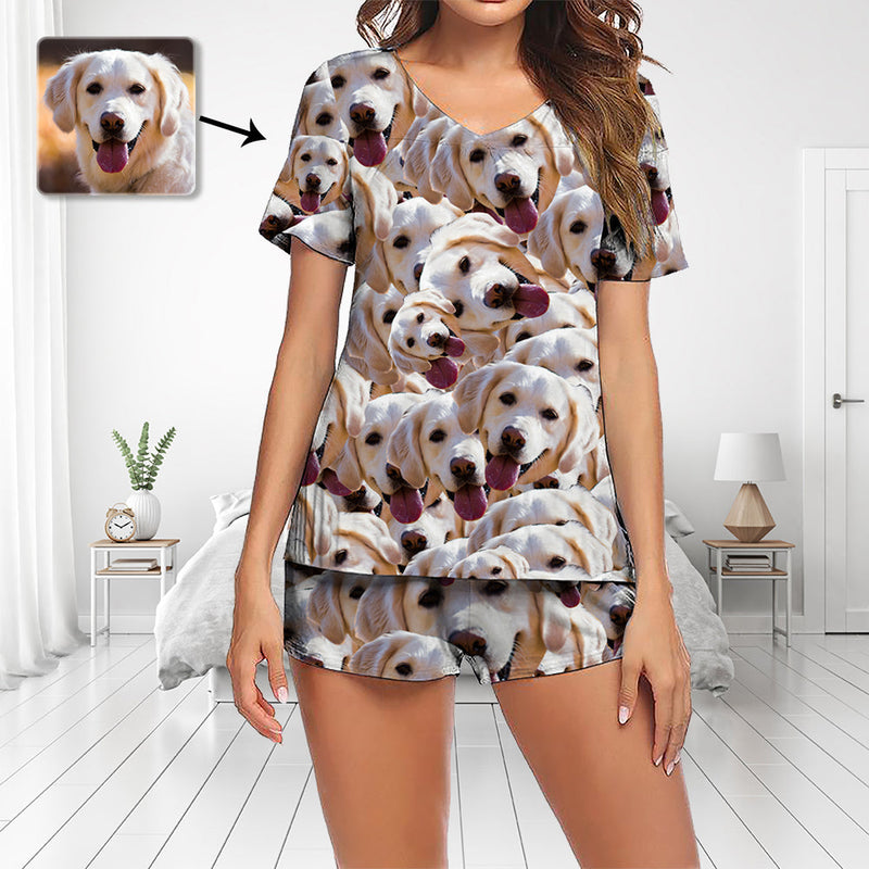 Benutzerdefinierte Foto Pyjamas Set Kurzarm V-Ausschnitt Pyjama Damen Shorts Pyjama Set Nachtwäsche Nachtwäsche Lustige Hundegesicht Liebe