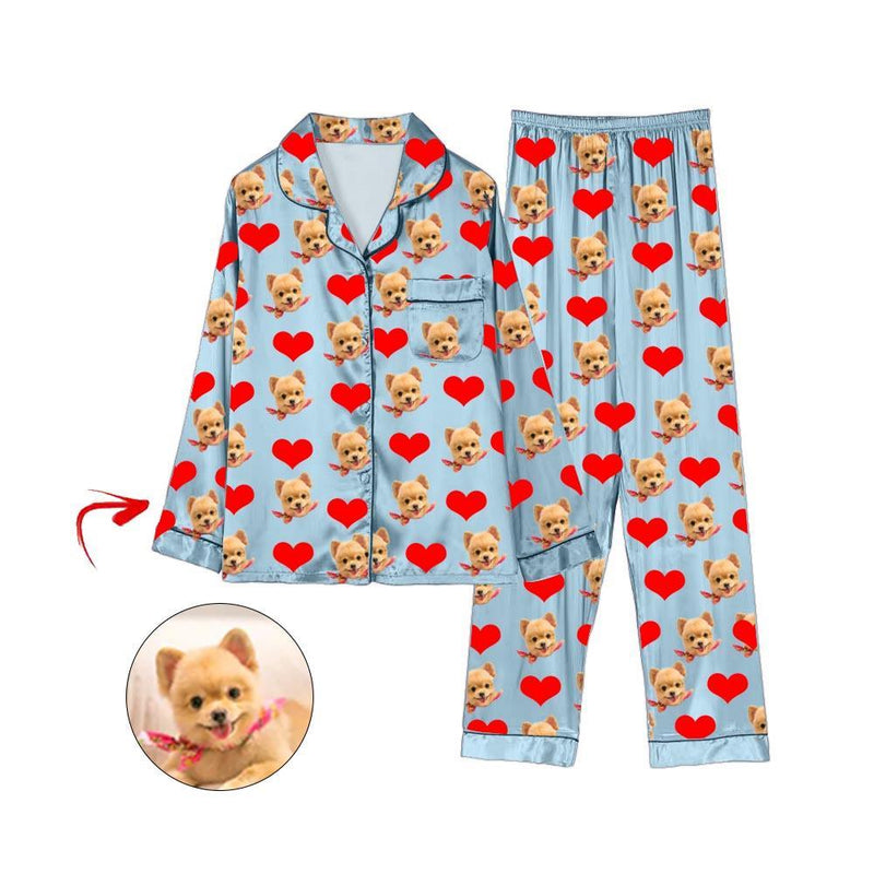 Kundenspezifische Liebe des Foto Satin Pyjama Herz I mein Hundeblau