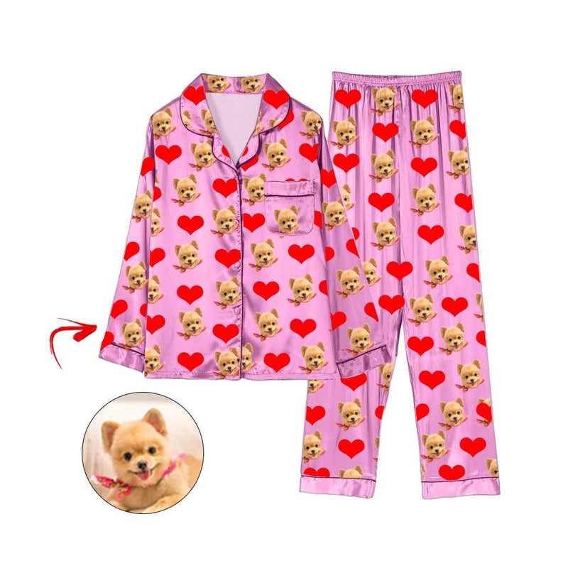 Kundenspezifisches Foto Satin Pyjama Herz Ich liebe meinen Hund Rosa