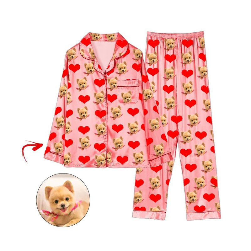 Kundenspezifisches Foto Satin Pyjama Herz Ich liebe meinen Hund Rosa