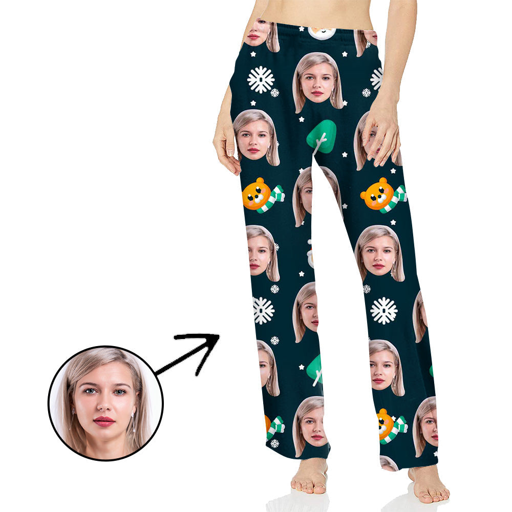 Personalisiert Foto Pyjamas Hose für Frauen Schneeflocke und schöner Bär