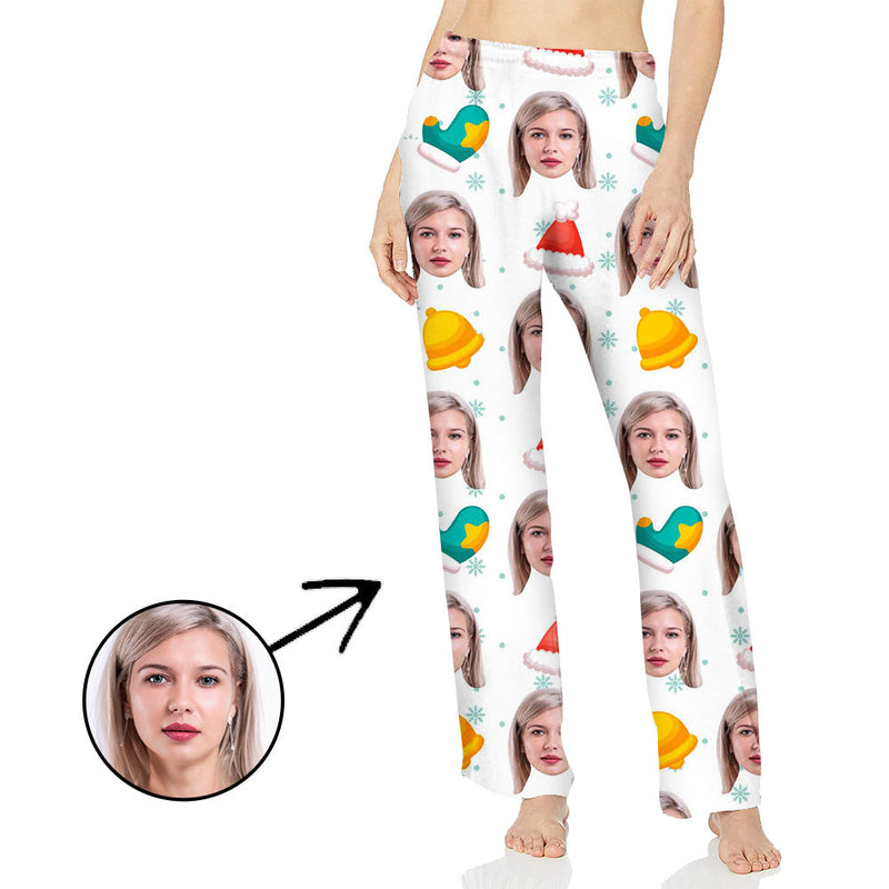 Personalisiert Foto Pyjamas Hose für Frauen Glocke und Weihnachtsmütze