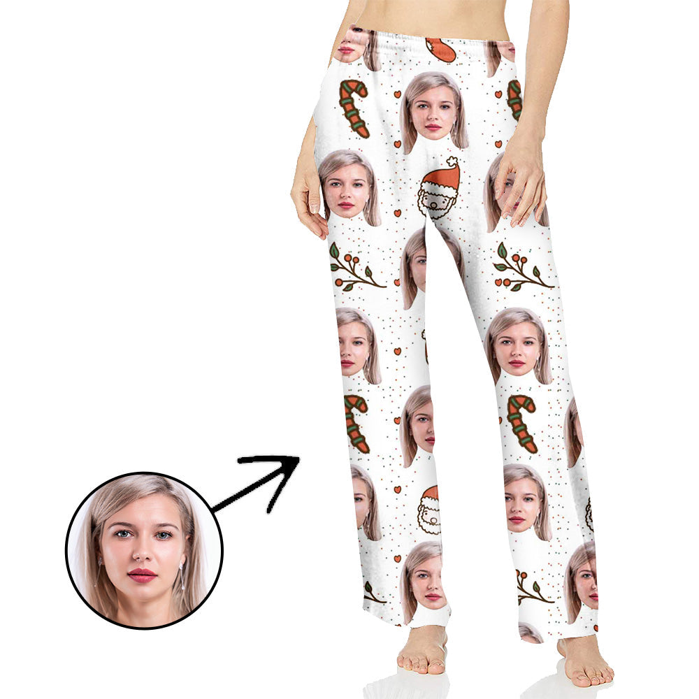 Personalisiert Foto Pyjamas Hose für Frauen Süßer Weihnachtsmann und Zuckerstange