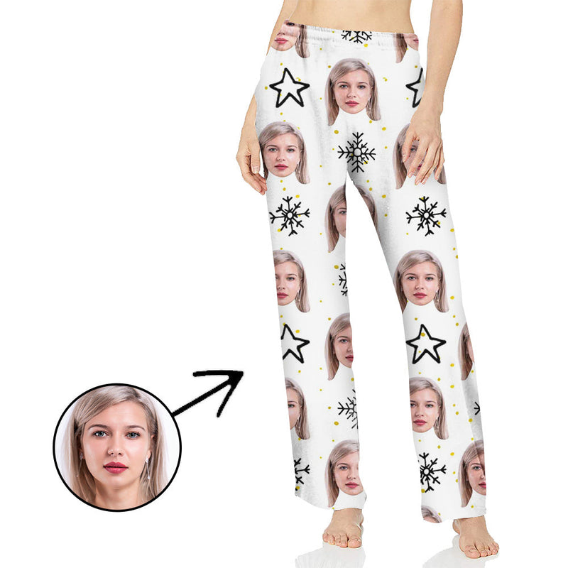 Personalisiert Foto Pyjamas Hose für Frauen Weiße Sterne und Schneeflocke