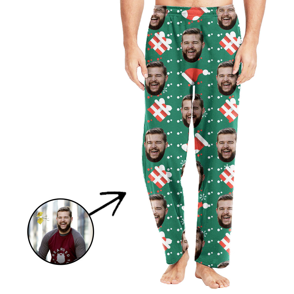 Personalisiert Foto Pyjamas Hose für Männer Weihnachtsmütze und Geschenke