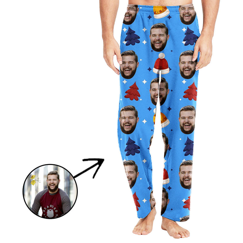 Personalisiert Foto Pyjamas Hose für Männer Weihnachtsmütze und Weihnachtsbaum