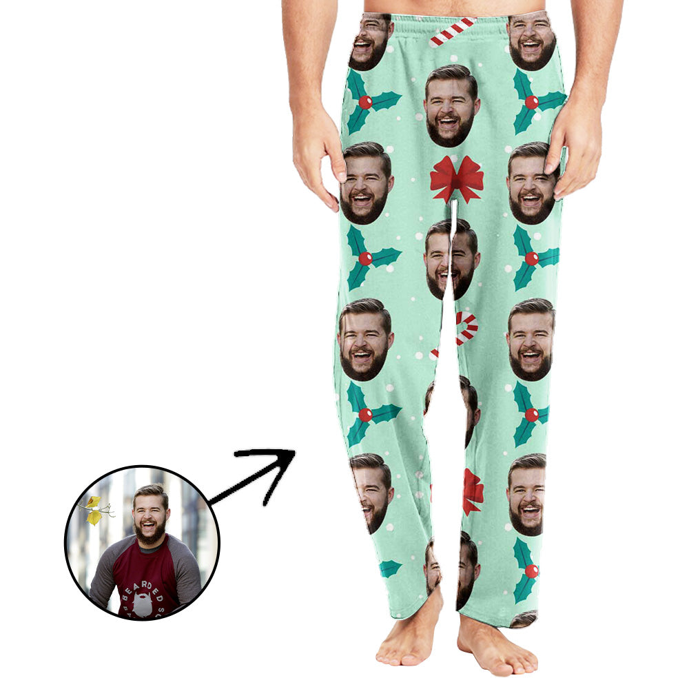 Personalisiert Foto Pyjamas Hose für Männer Weihnachtsanhänger mit Zuckerstange