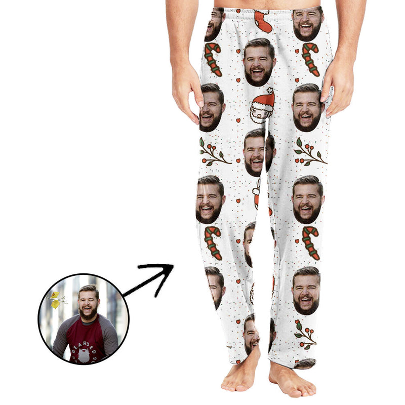 Personalisiert Foto Pyjamas Hose für Männer Süßer Weihnachtsmann und Zuckerstange