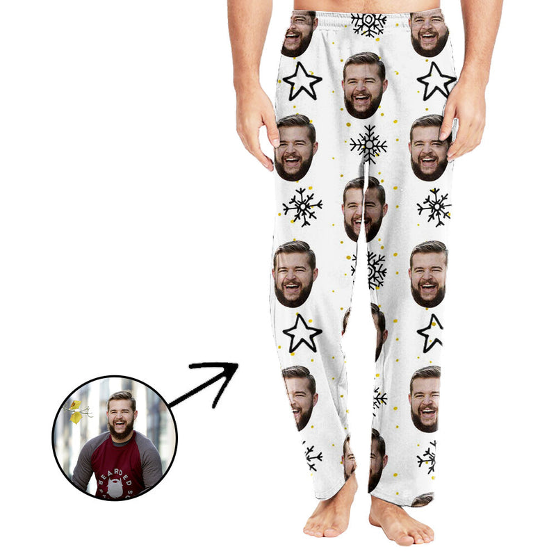 Personalisiert Foto Pyjamas Hose für Männer Weiße Sterne und Schneeflocke